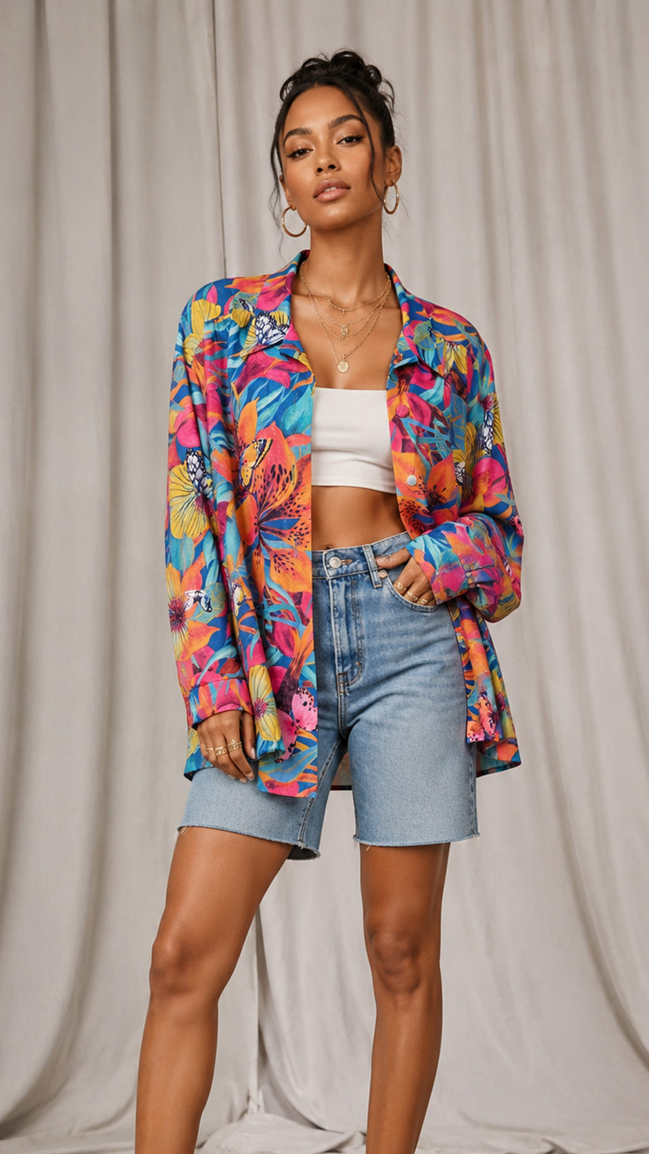 Vintage 90s Colorful Butterfly Print Blouse | 2XL
