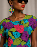 Vintage 90s Tropical Floral Blouse | Turquoise Purple Pink Abstract Flower Print Top | SMALL