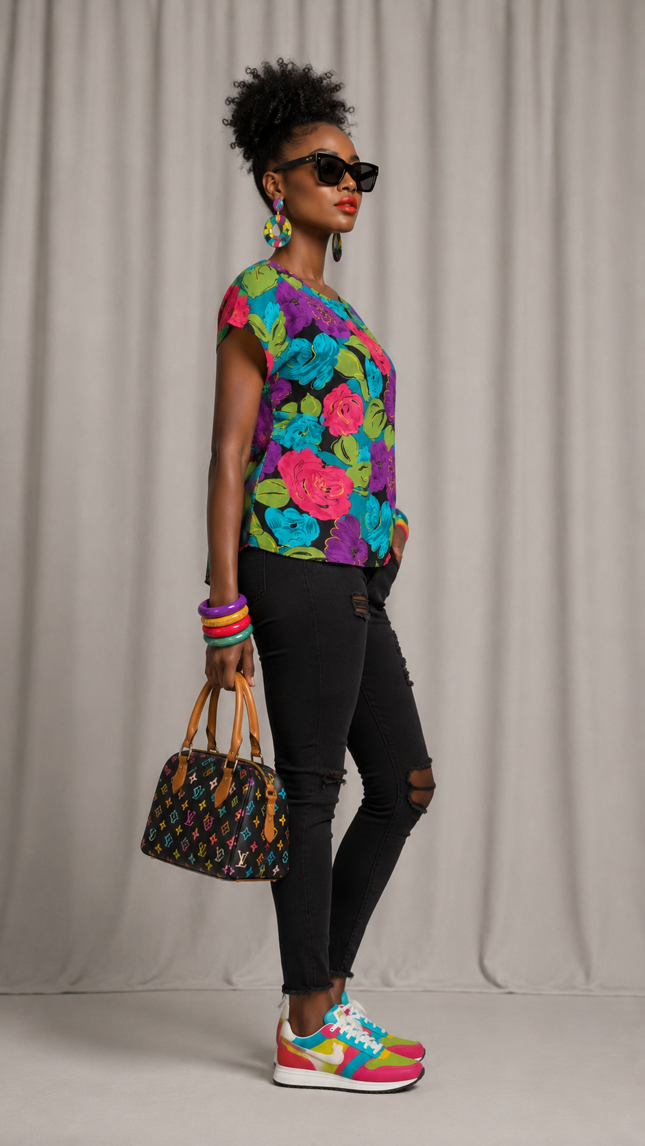 Vintage 90s Tropical Floral Blouse | Turquoise Purple Pink Abstract Flower Print Top | SMALL