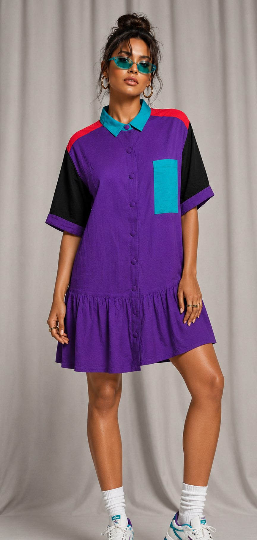 Vintage 90s Purple Colorblock Shirt Dress | 1X