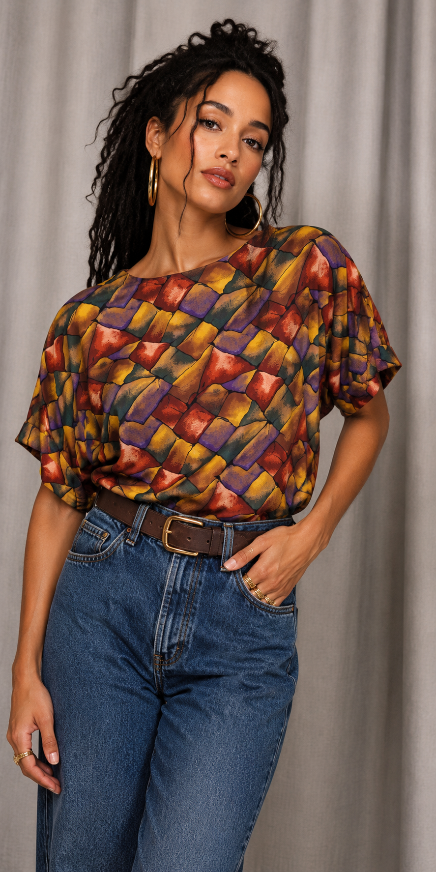 Vintage 90s Earth Tone Abstract Blouse | MEDIUM