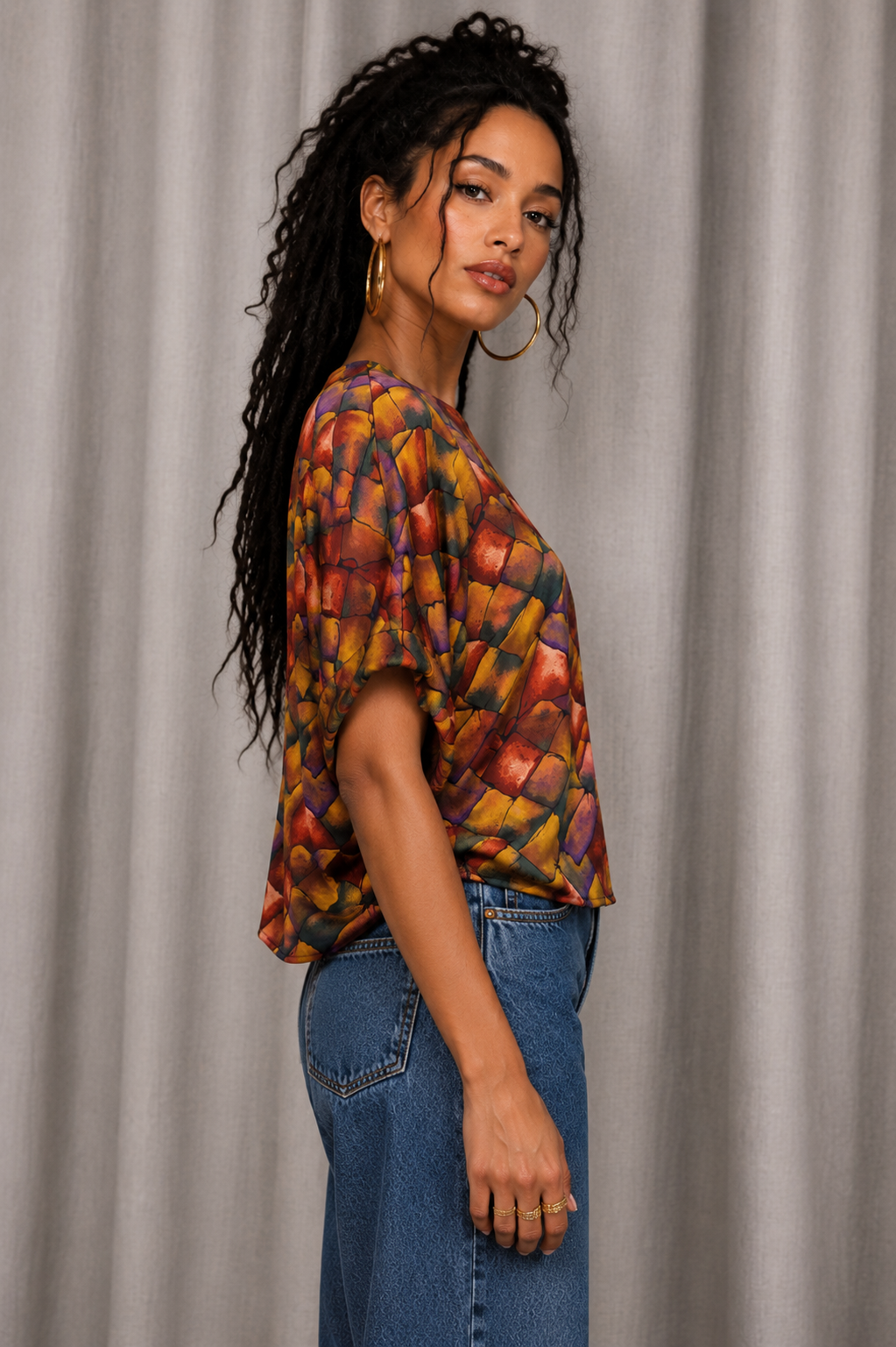 Vintage 90s Earth Tone Abstract Blouse | MEDIUM