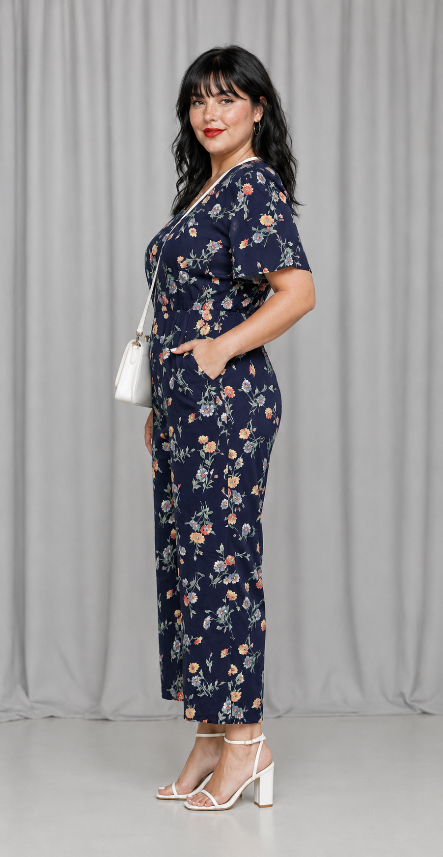Vintage 90s Navy Blue Floral Jumpsuit | LARGE