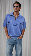 Vintage 90s Pewter Blue Quarter Zip Shirt | Retro Utility Pocket Pullover Top | MEDIUM