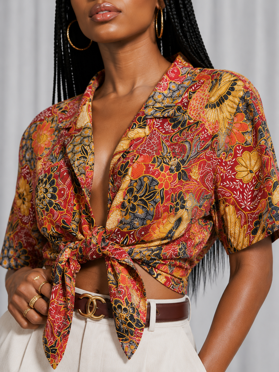 Vintage 90s Earth Tone Floral Abstract Silk Blouse | MEDIUM
