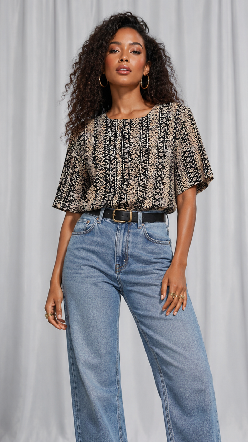 Vintage 90s Abstract Print Blouse | Black Beige Geometric Short Sleeve Retro Top | LARGE