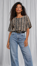 Vintage 90s Abstract Print Blouse | Black Beige Geometric Short Sleeve Retro Top | LARGE