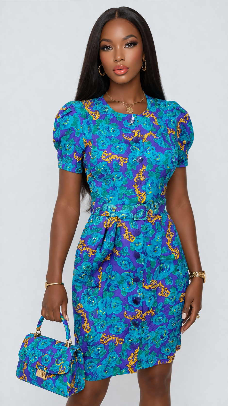 Vintage 90s Turquoise Blue Baroque Satin Dress – SMALL