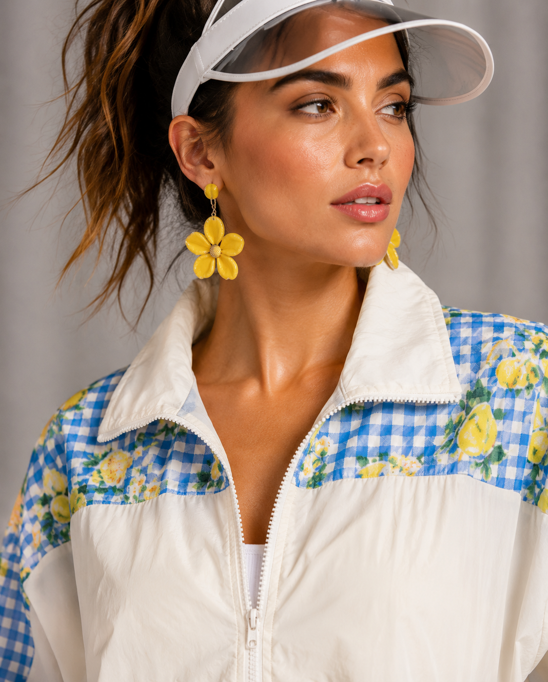 Vintage 90s Ivory White Plaid Windbreaker Short Set | LARGE