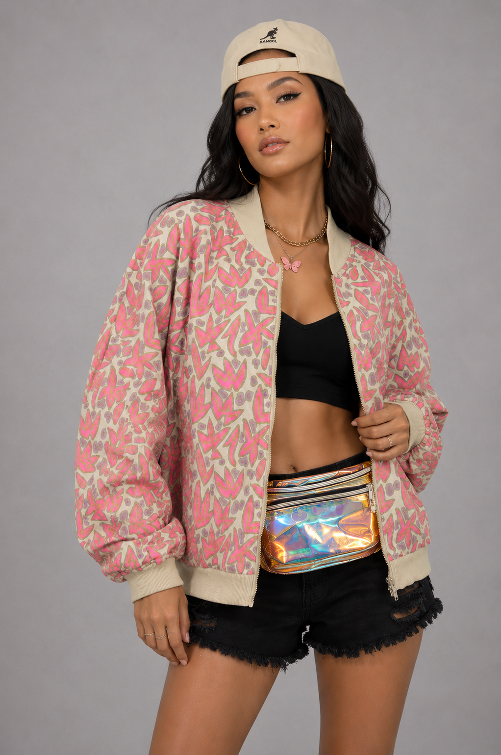 Vintage 90s Beige/Pink Retro Bomber Jacket - Small