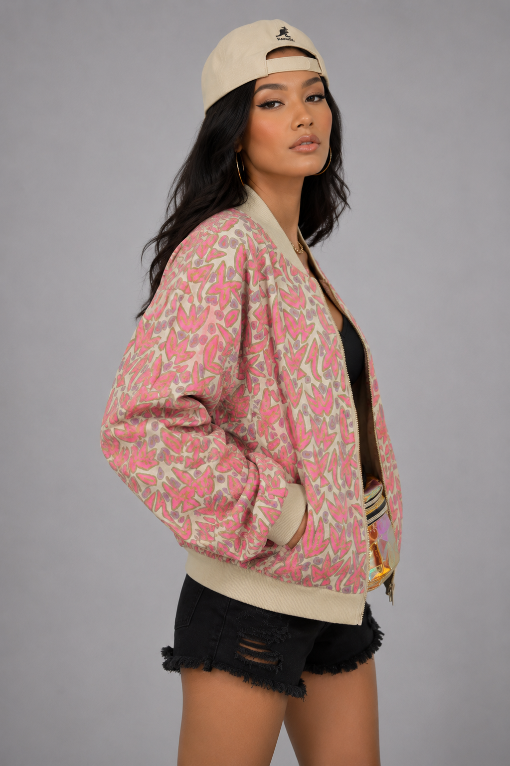 Vintage 90s Beige/Pink Retro Bomber Jacket - Small