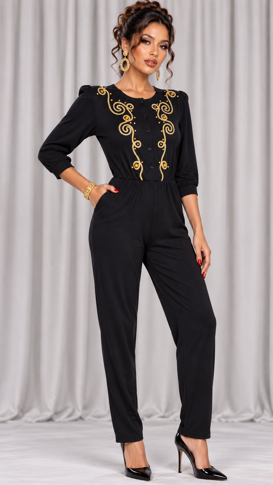 90s Black Gold Embroidered Jumpsuit - SMALL