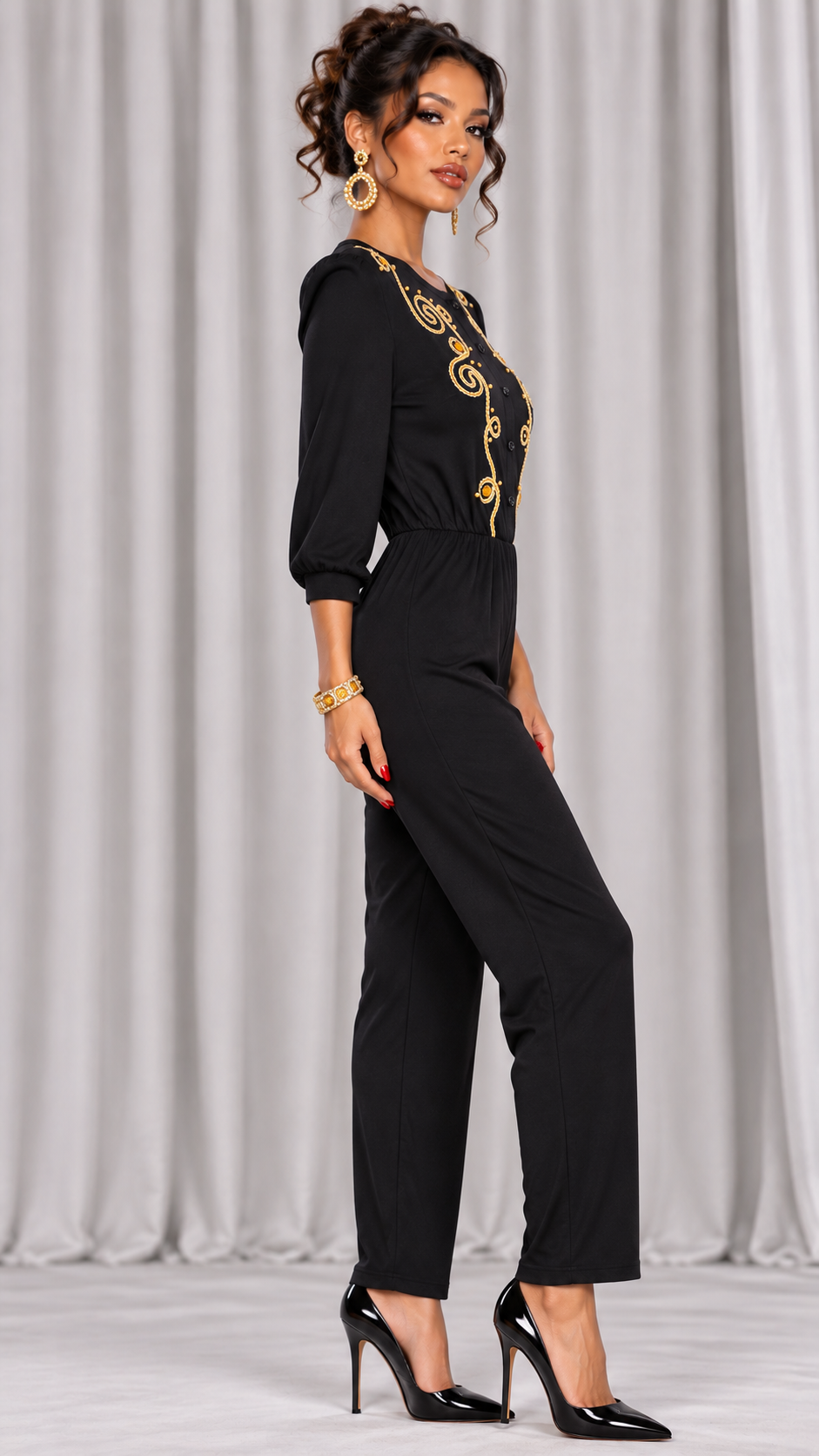 90s Black Gold Embroidered Jumpsuit - SMALL