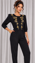 90s Black Gold Embroidered Jumpsuit - SMALL