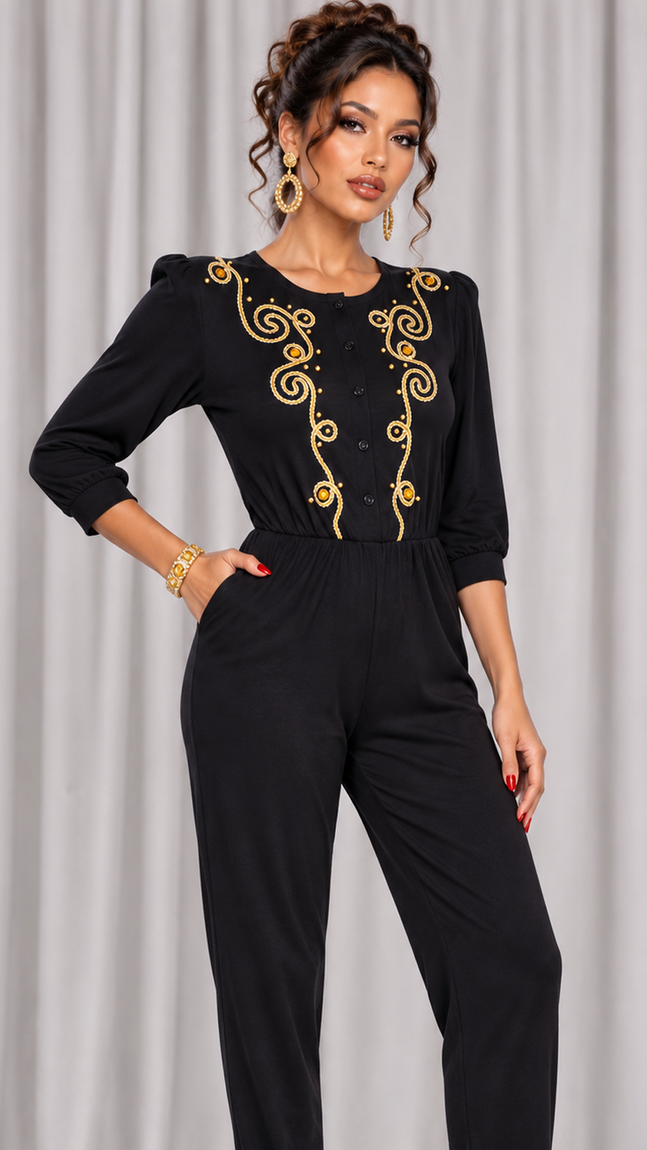 90s Black Gold Embroidered Jumpsuit - SMALL