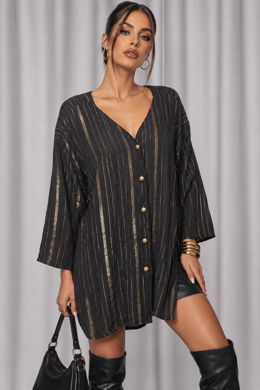 90s Black & Gold Striped Blouse – MEDIUM