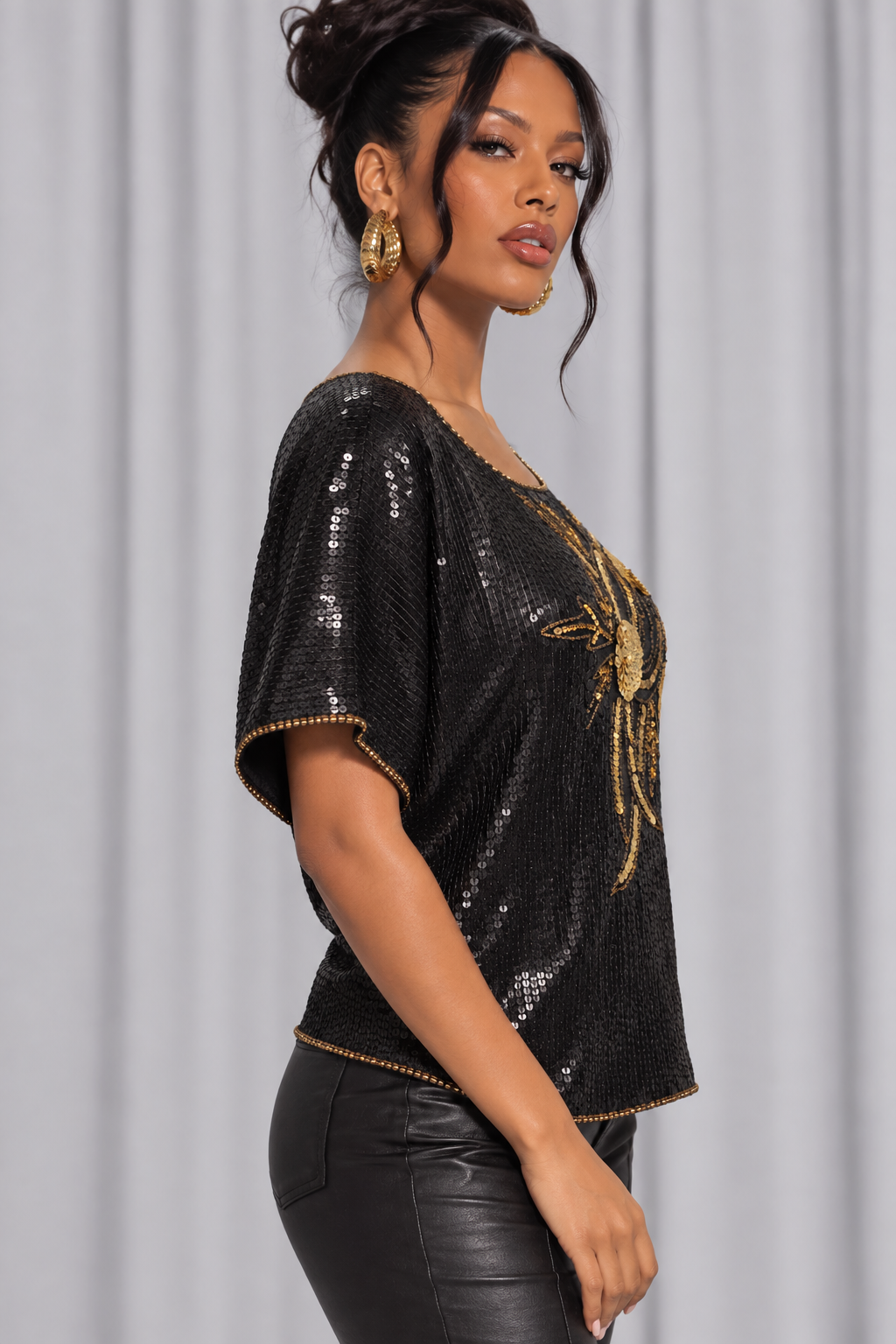90s Black & Gold Sequin Blouse – SMALL