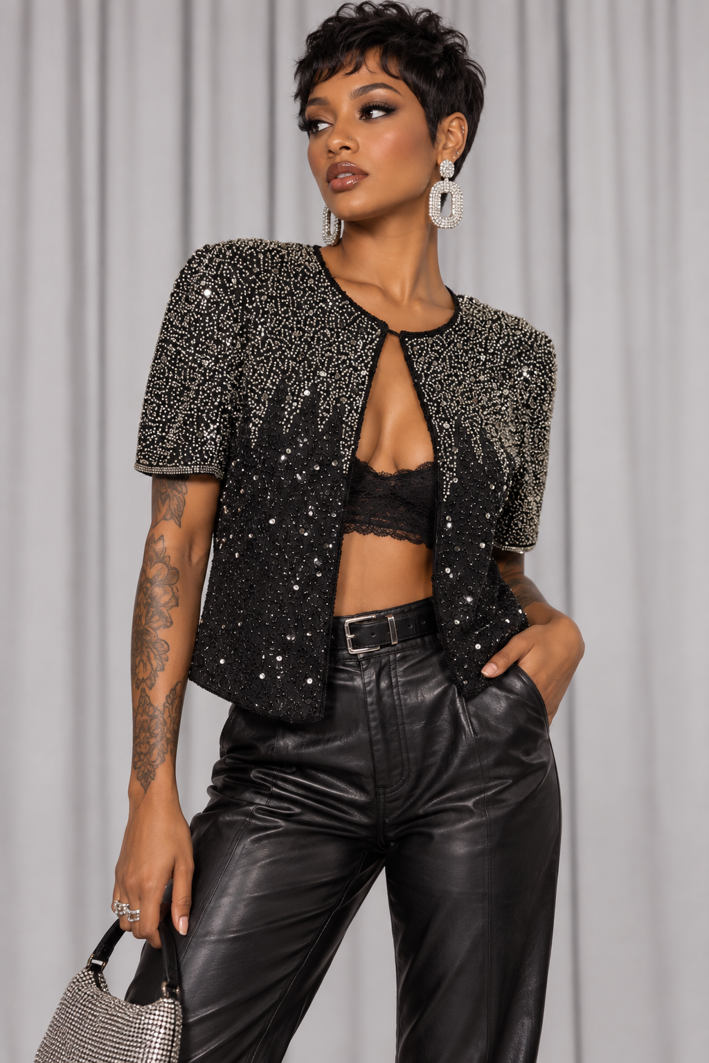 90s Black & Silver Beaded Silk Blouse – SMALL