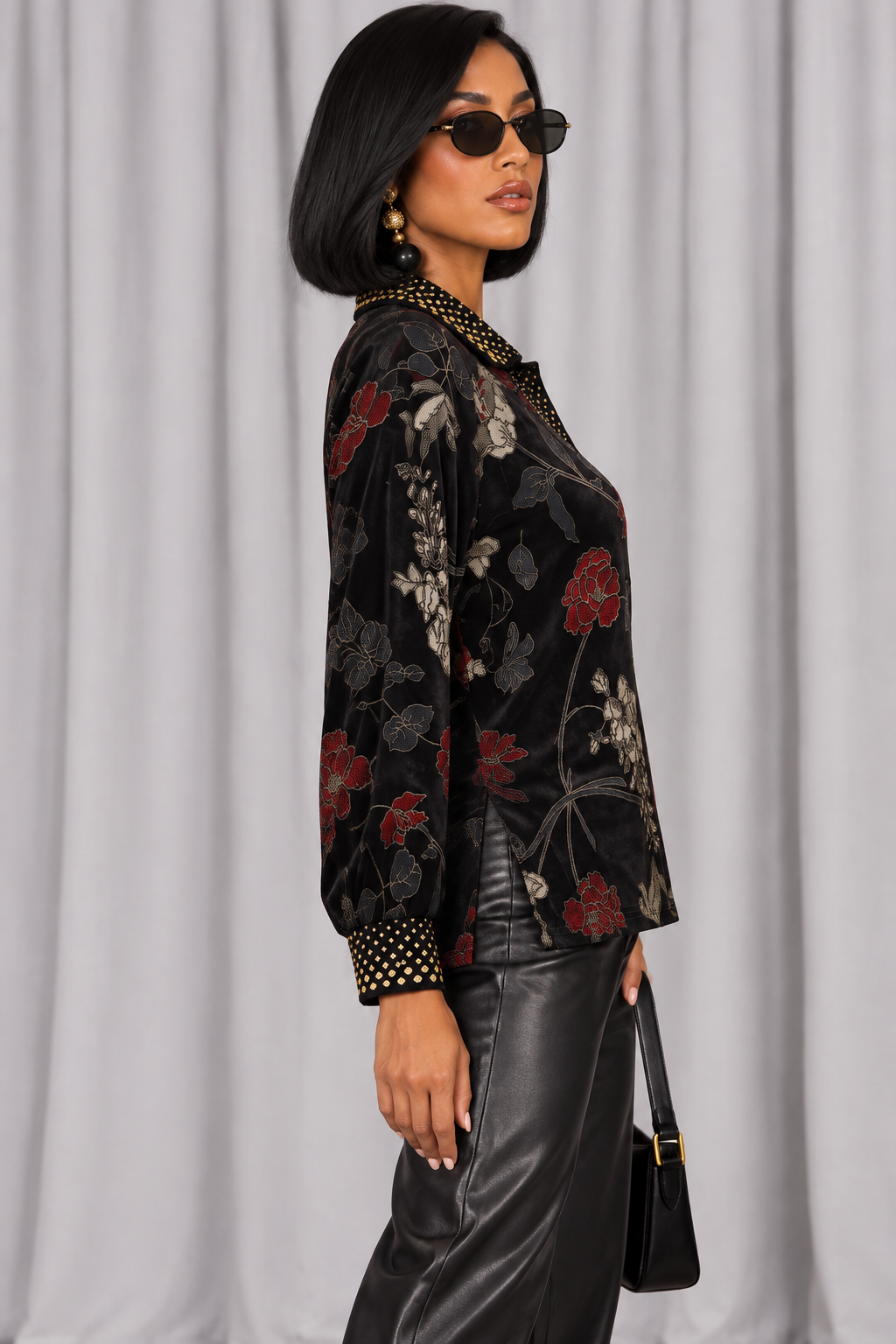 90s Black Floral Studded Blouse – MEDIUM