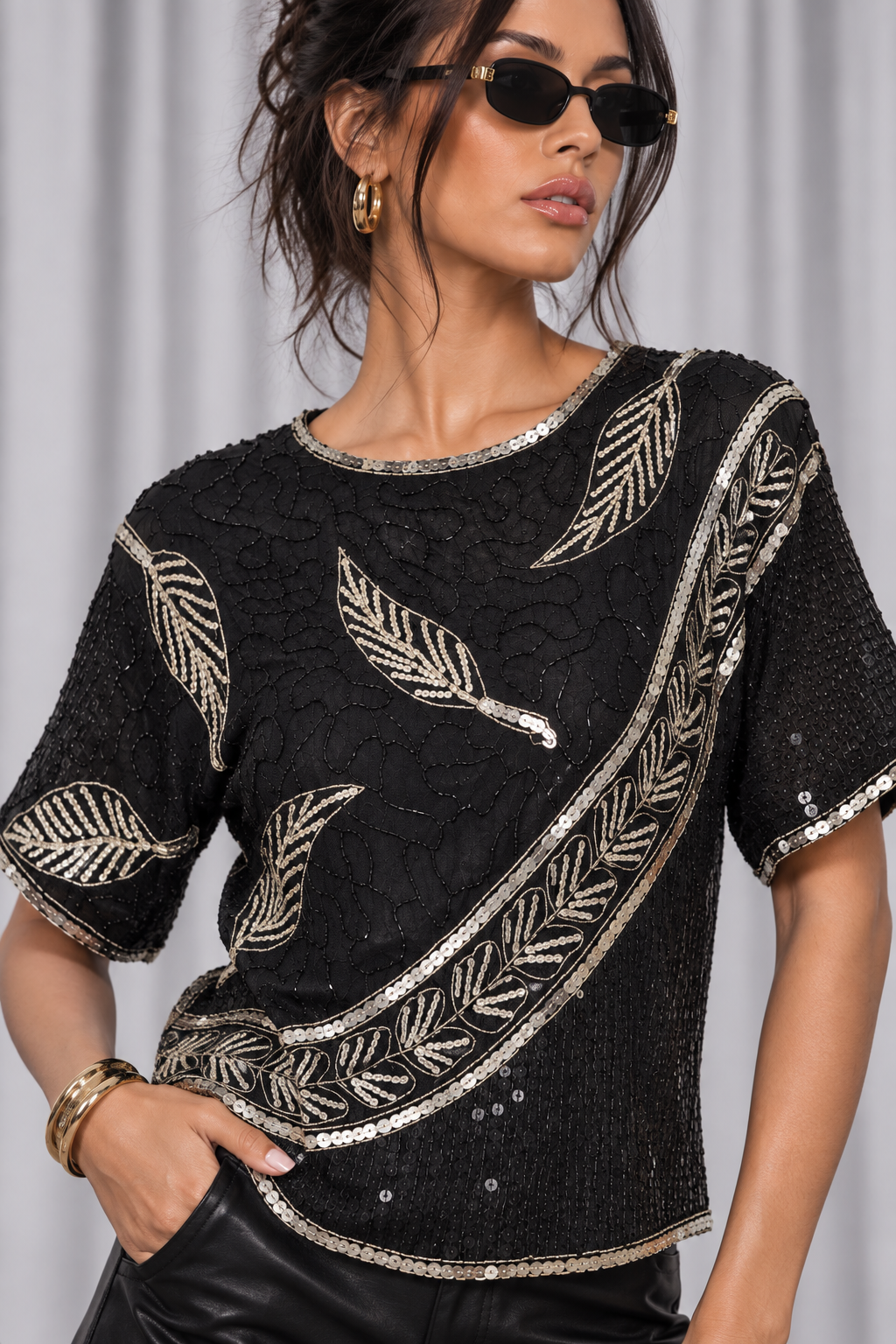 90s Black Sequin Beaded Blouse – Medium