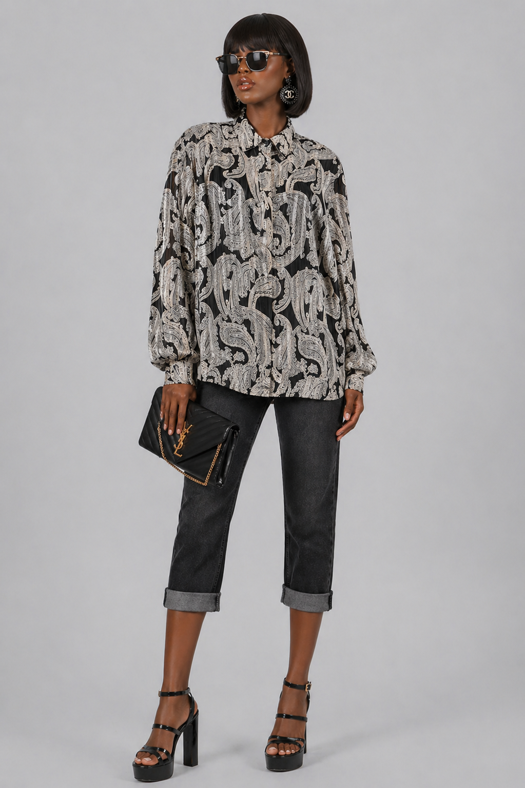 90s Black & White Paisley Blouse | Dressy Stripe Detail Top | Plus Size 2XL