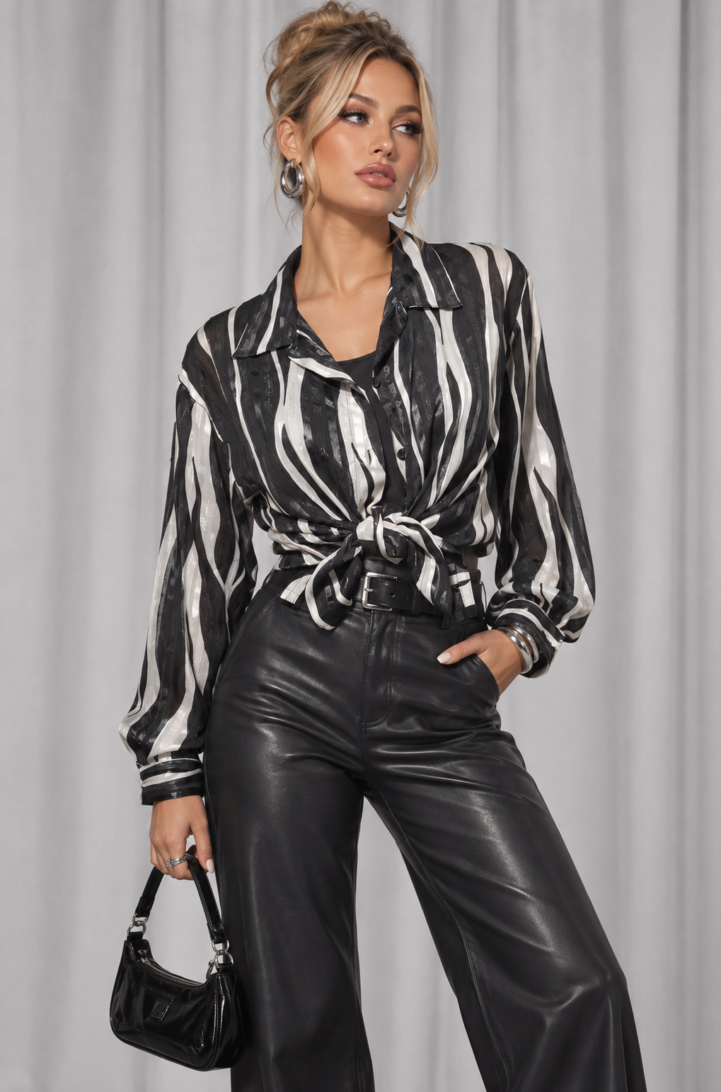 Vintage Black & White Striped Blouse - Medium