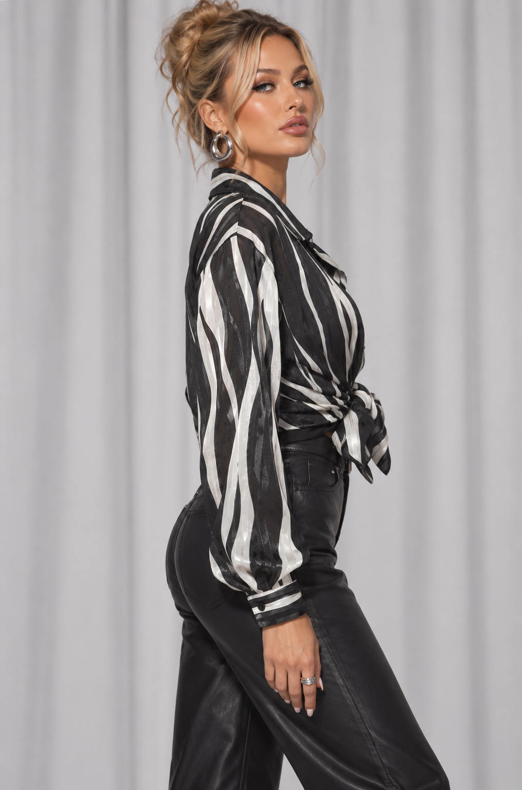 Vintage Black & White Striped Blouse - Medium