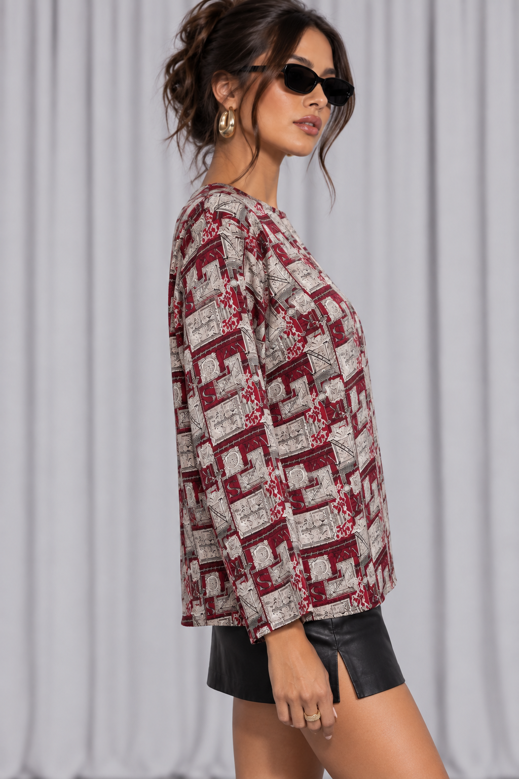 90s Burgundy Geometric Print Blouse – Large