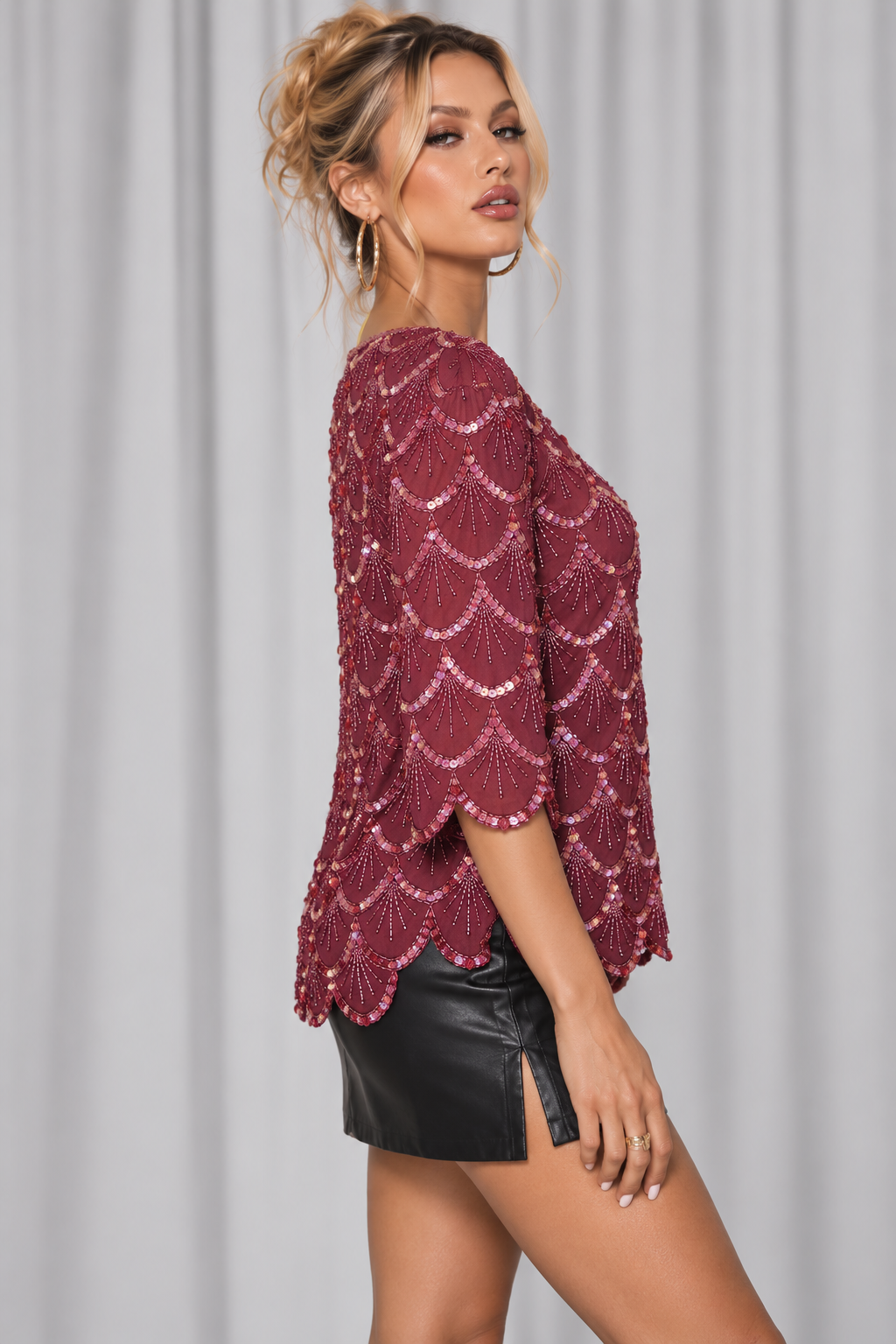80s Vintage Burgundy Beaded Silk Blouse - LARGE