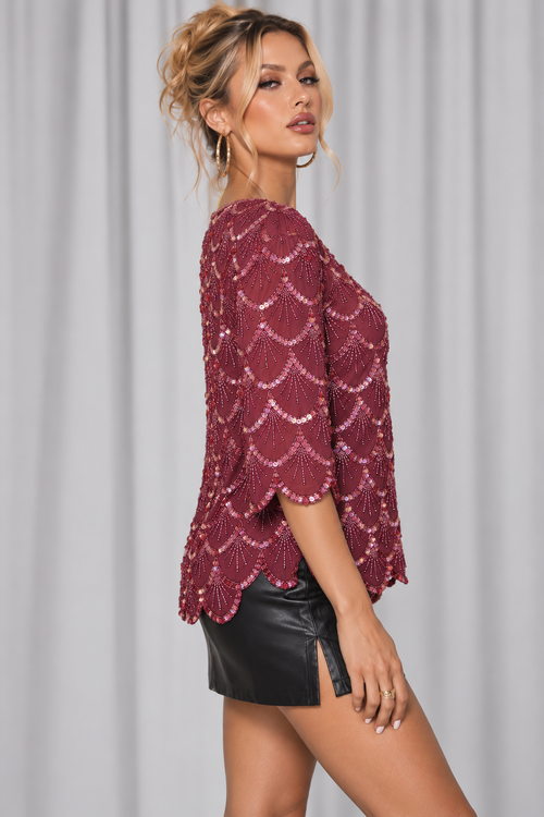 80s Vintage Burgundy Beaded Silk Blouse - LARGE