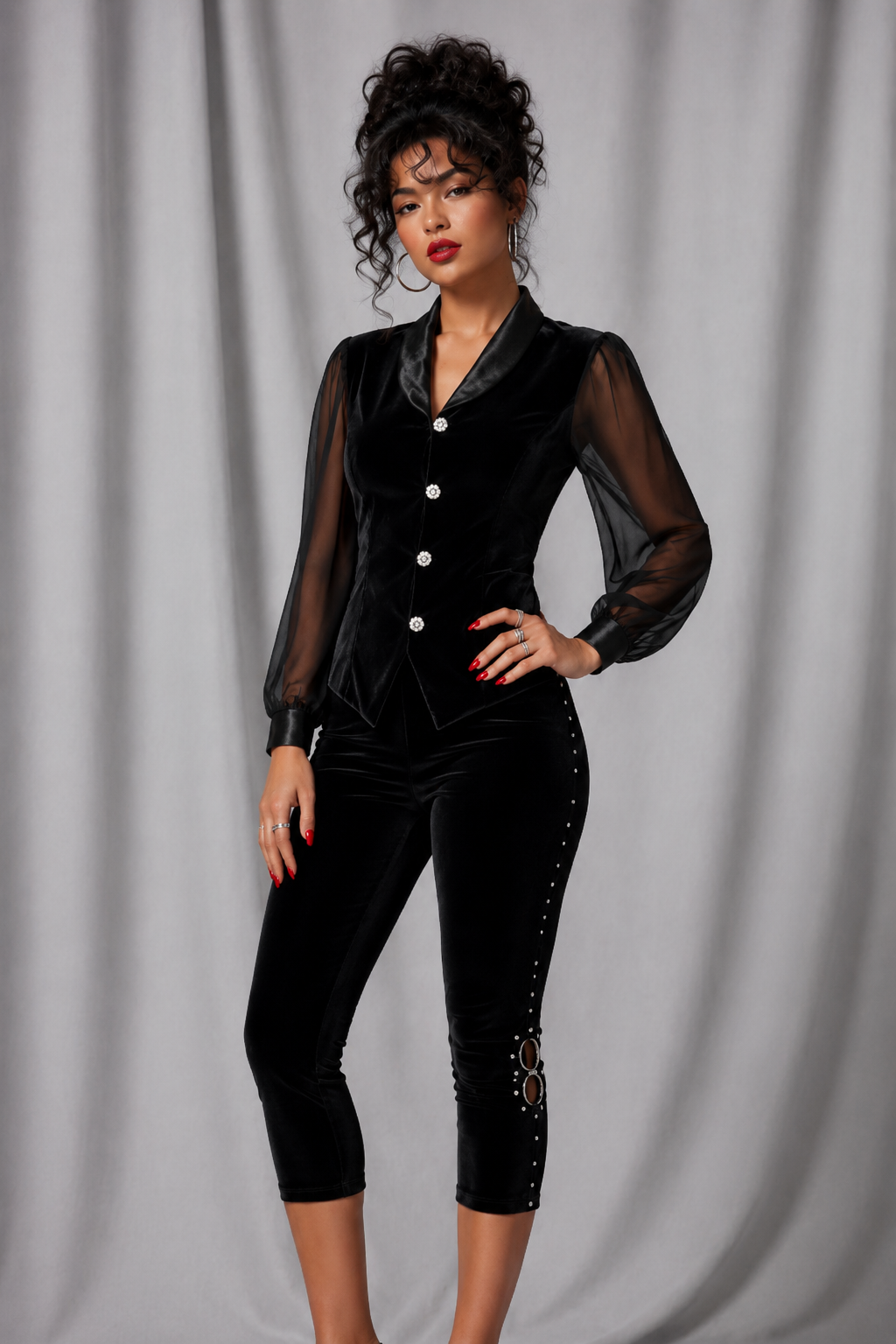 90s Black Velvet Sheer Sleeve Blouse | SMALL