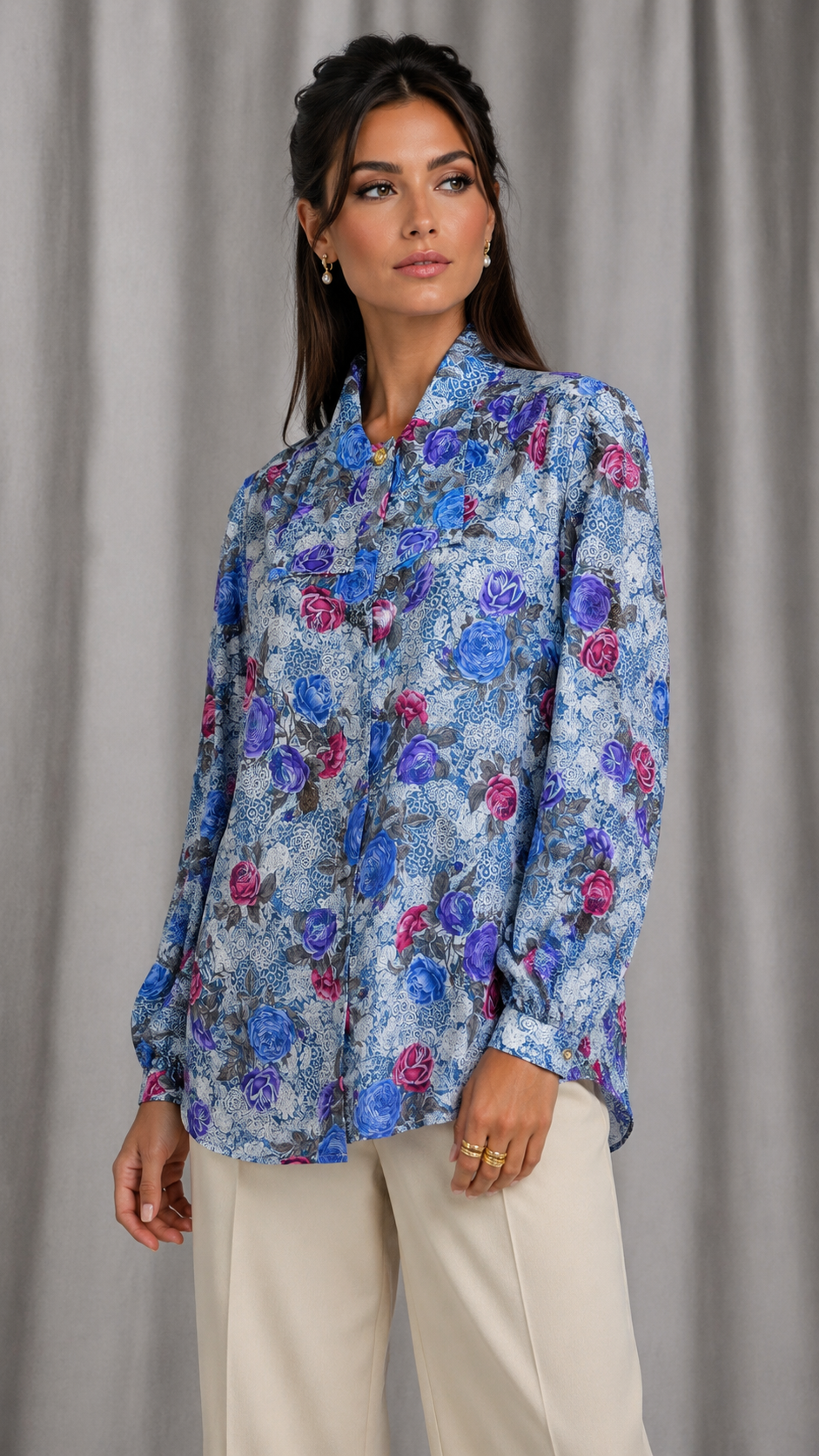 90s Blue Rose Floral Blouse | XL