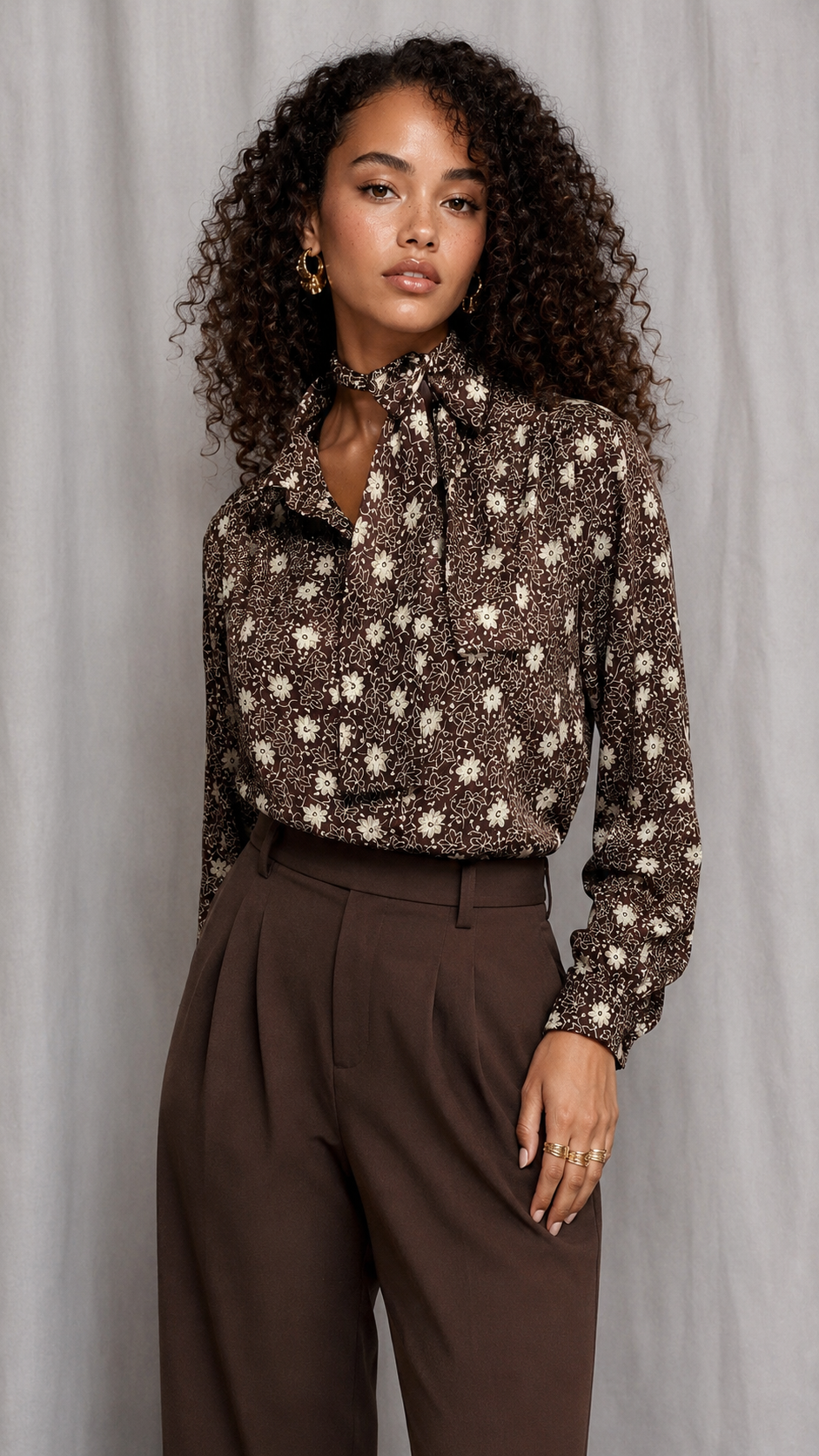 90s Brown Floral Tie Neck Blouse | MEDIUM