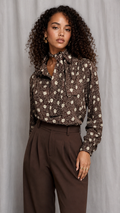 90s Brown Floral Tie Neck Blouse | MEDIUM