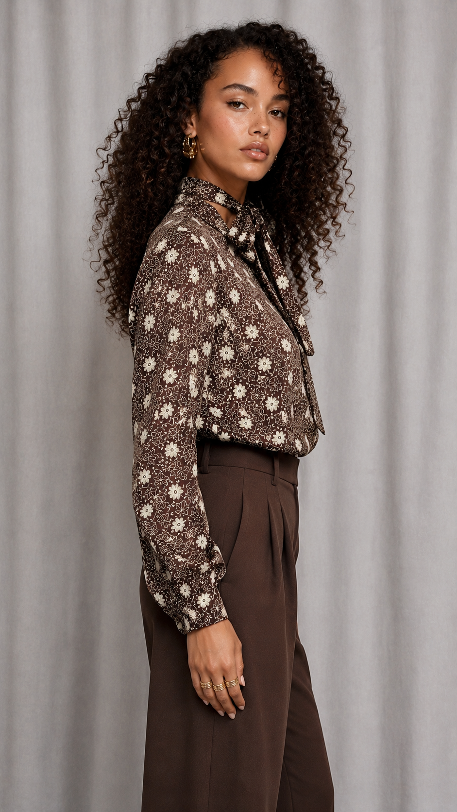 90s Brown Floral Tie Neck Blouse | MEDIUM