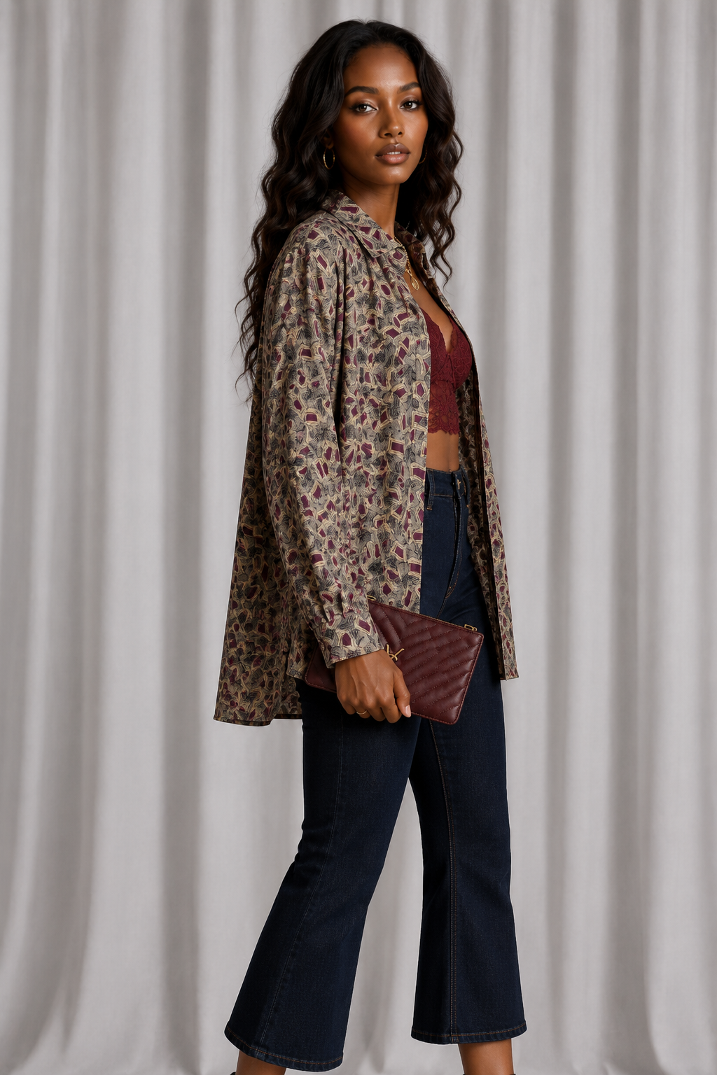 Vintage Burgundy Abstract Silk Shirt | L/XL
