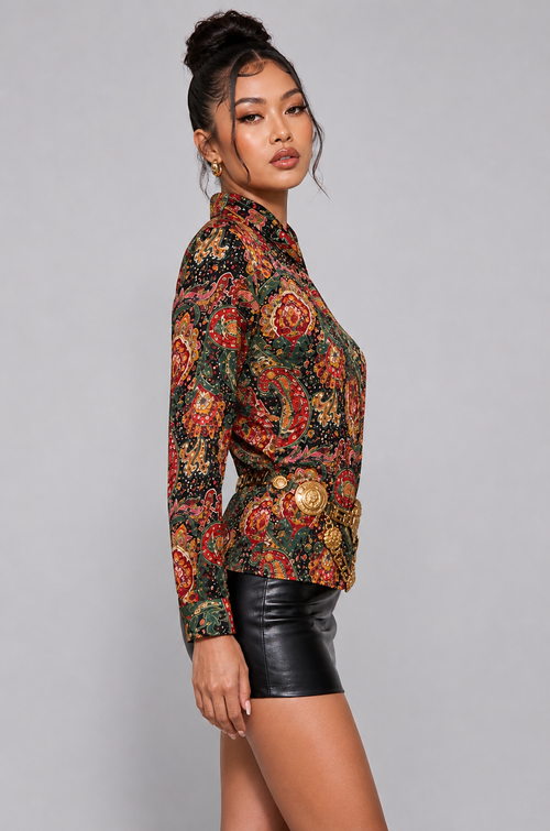 90s Burgundy Paisley Turtleneck Blouse | Vintage Colorful Dressy Top | MEDIUM