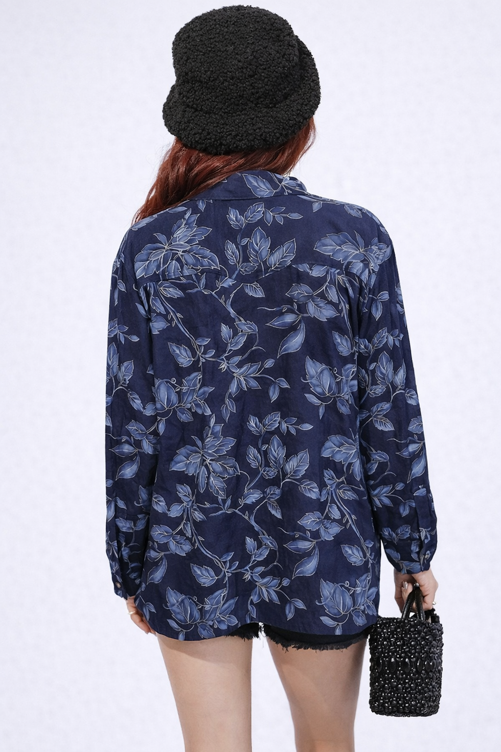 90s VINTAGE Navy Blue Floral Shirt - LARGE