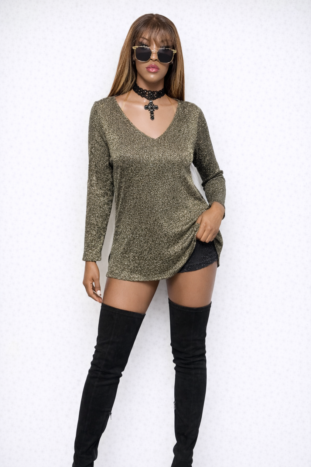 90s Simmering Gold V-Neck Blouse - MEDIUM