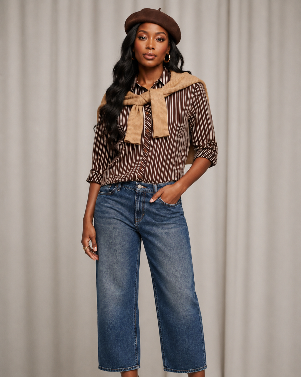 90s Chocolate Brown Striped Blouse