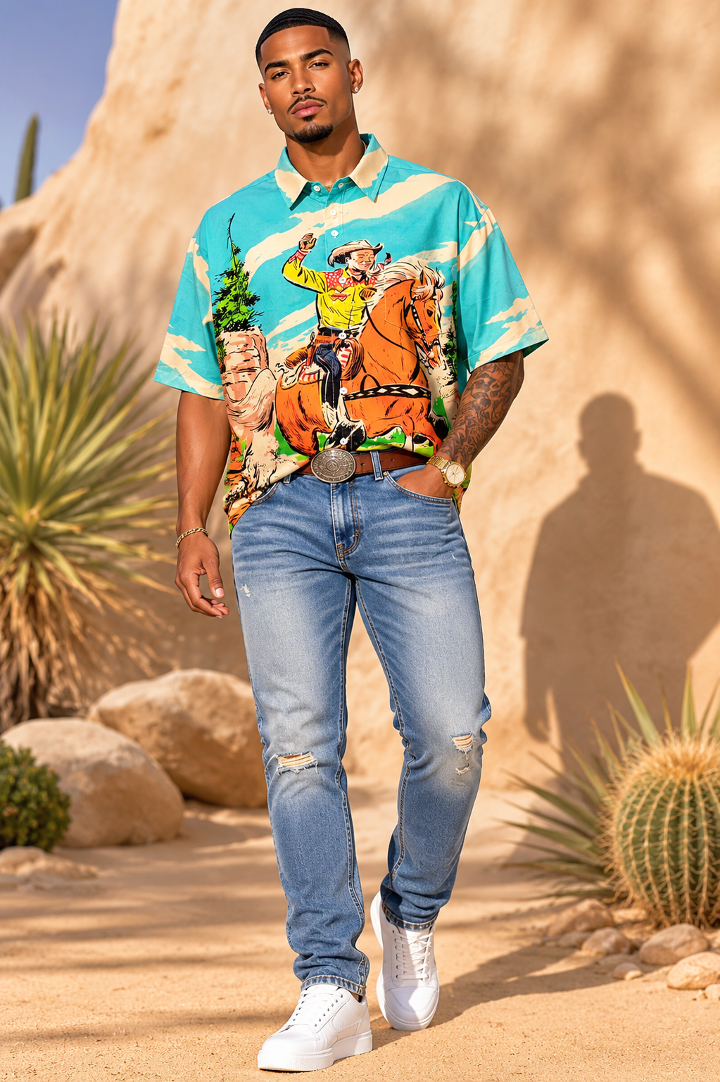 Mens Colorful Cowboy Print Button Up Shirt | Western Rodeo Graphic Shirt | LARGE