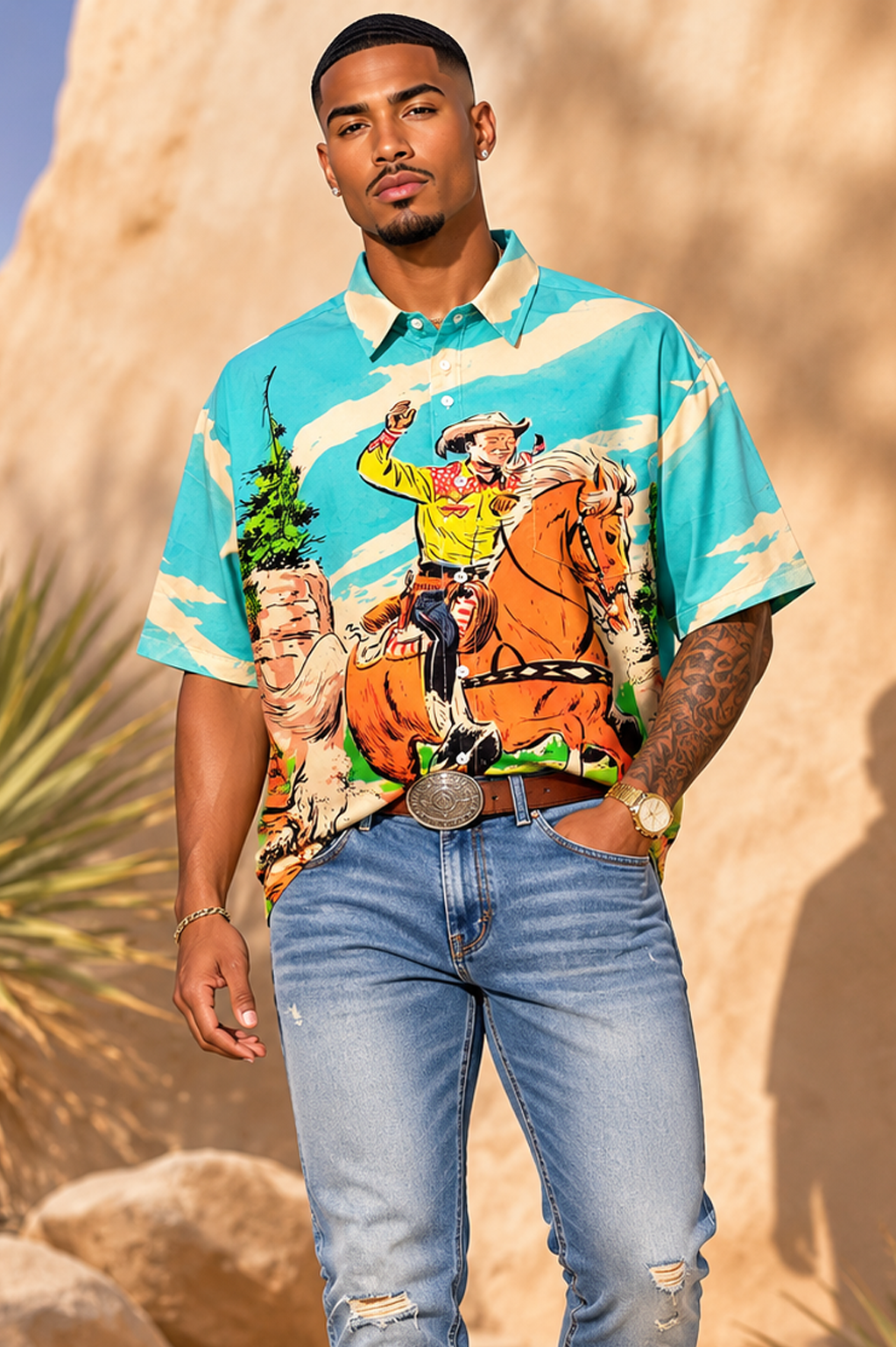 Mens Colorful Cowboy Print Button Up Shirt | Western Rodeo Graphic Shirt | LARGE