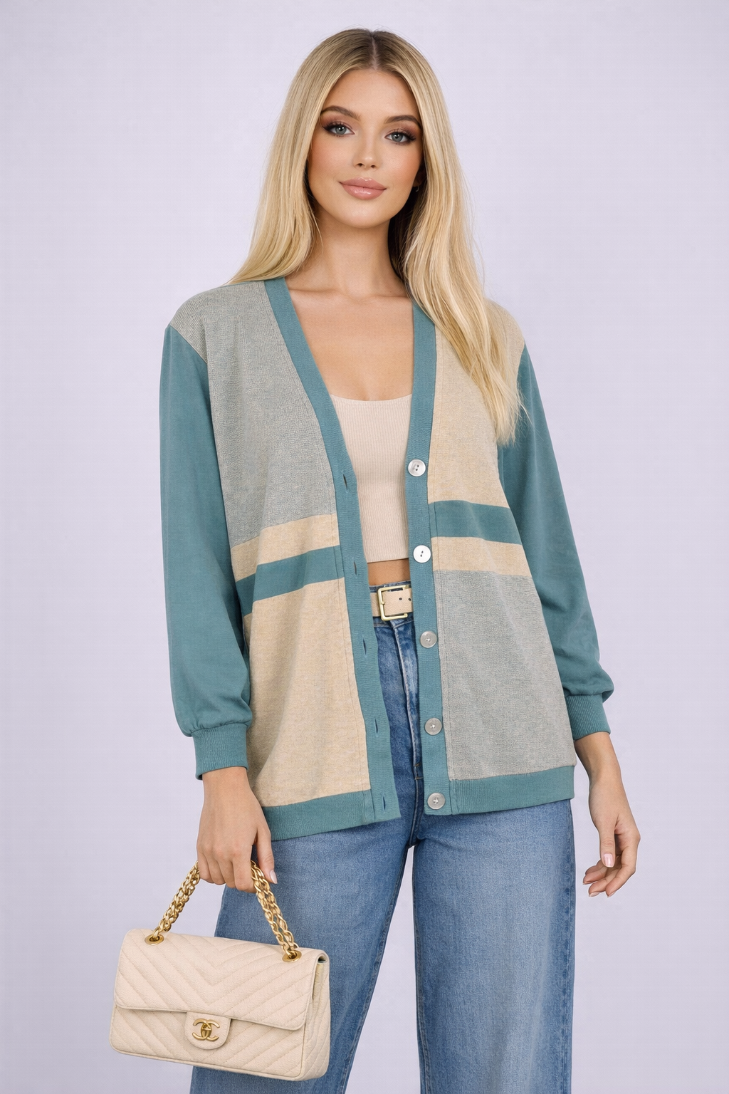 90s Oversized Preppy Green Cardigan - LARGE