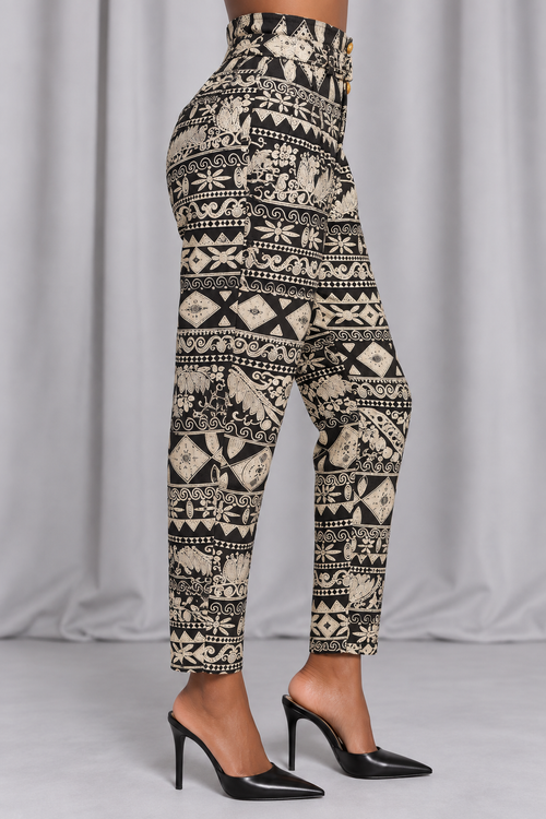 90s Vintage Brown Tribal Print Belted Pants