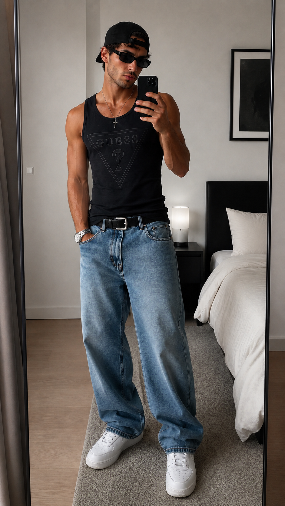 GUESS Black Logo Tank Top | Minimalist Stretch Tank | Men's MEDIUM