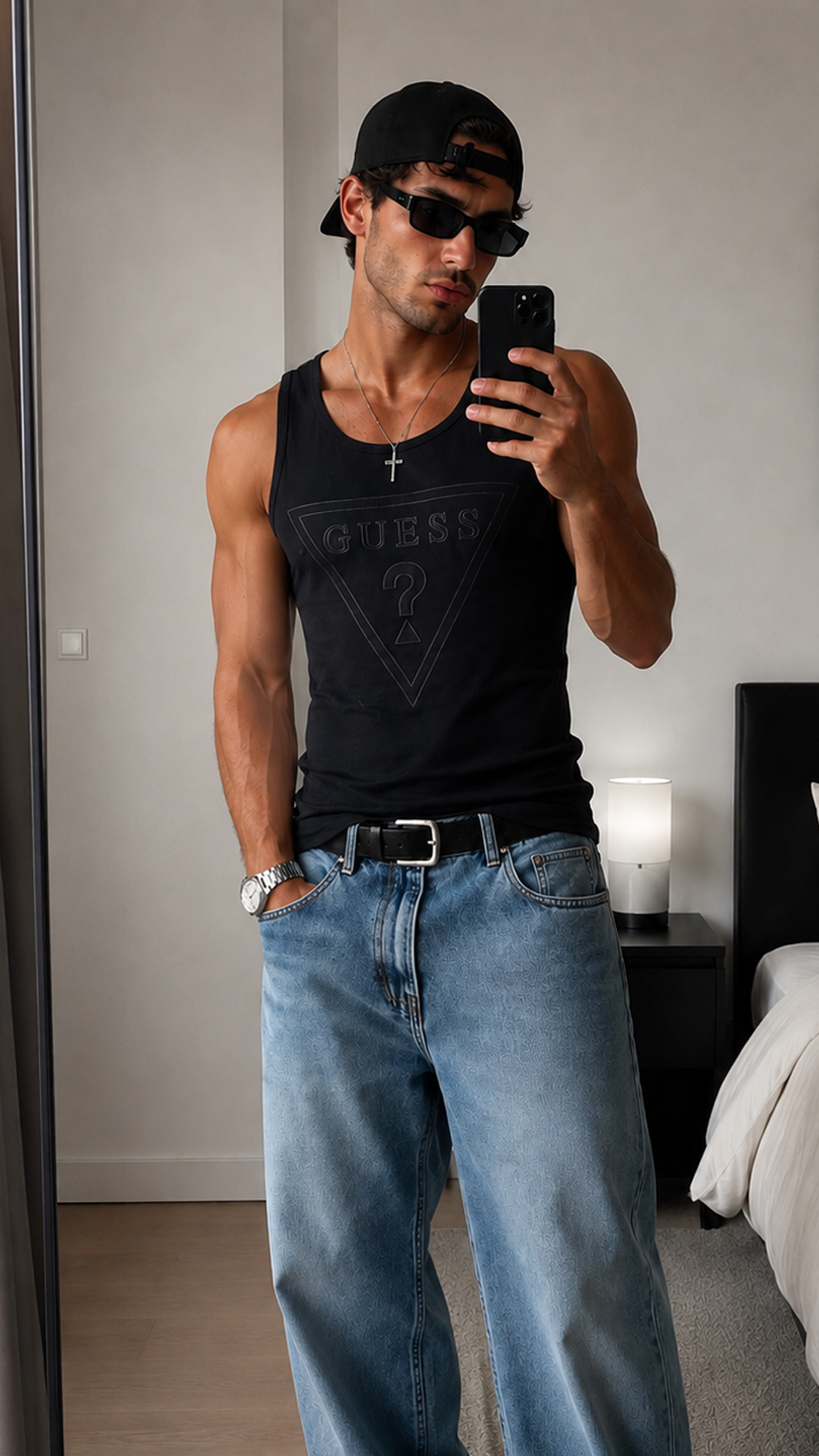 GUESS Black Logo Tank Top | Minimalist Stretch Tank | Men's MEDIUM