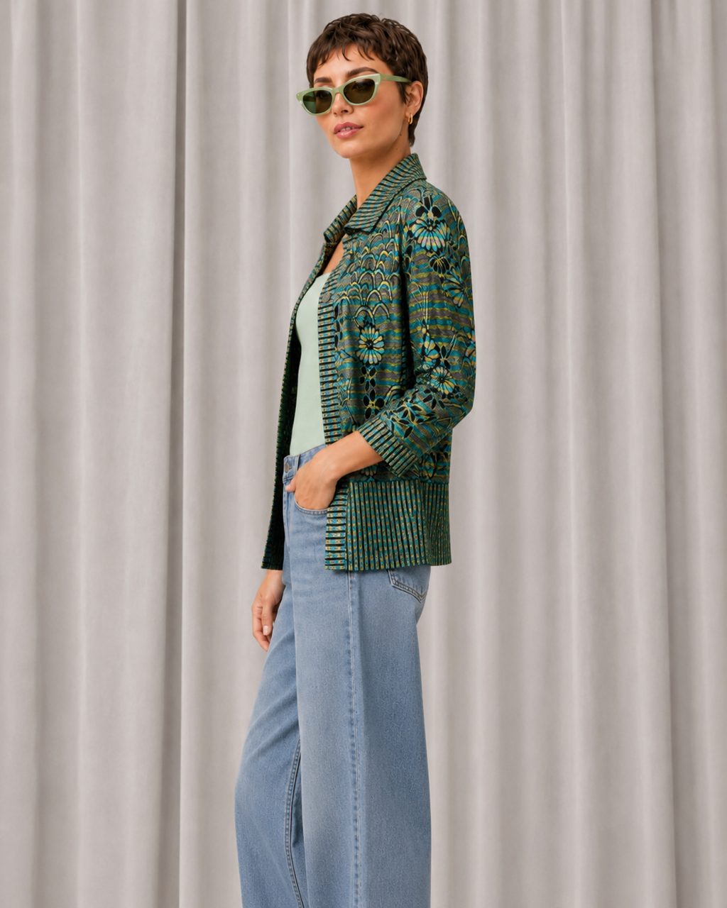 90s Mint Green Floral Embroidery Cardigan Sweater – LARGE