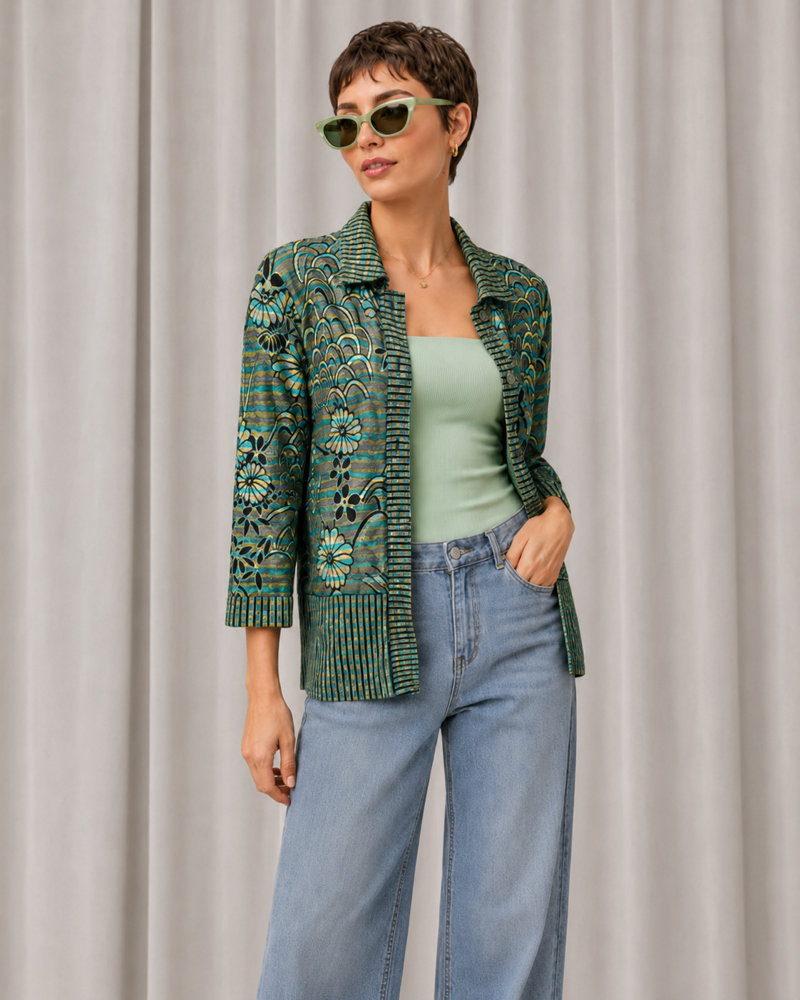 90s Mint Green Floral Embroidery Cardigan Sweater – LARGE