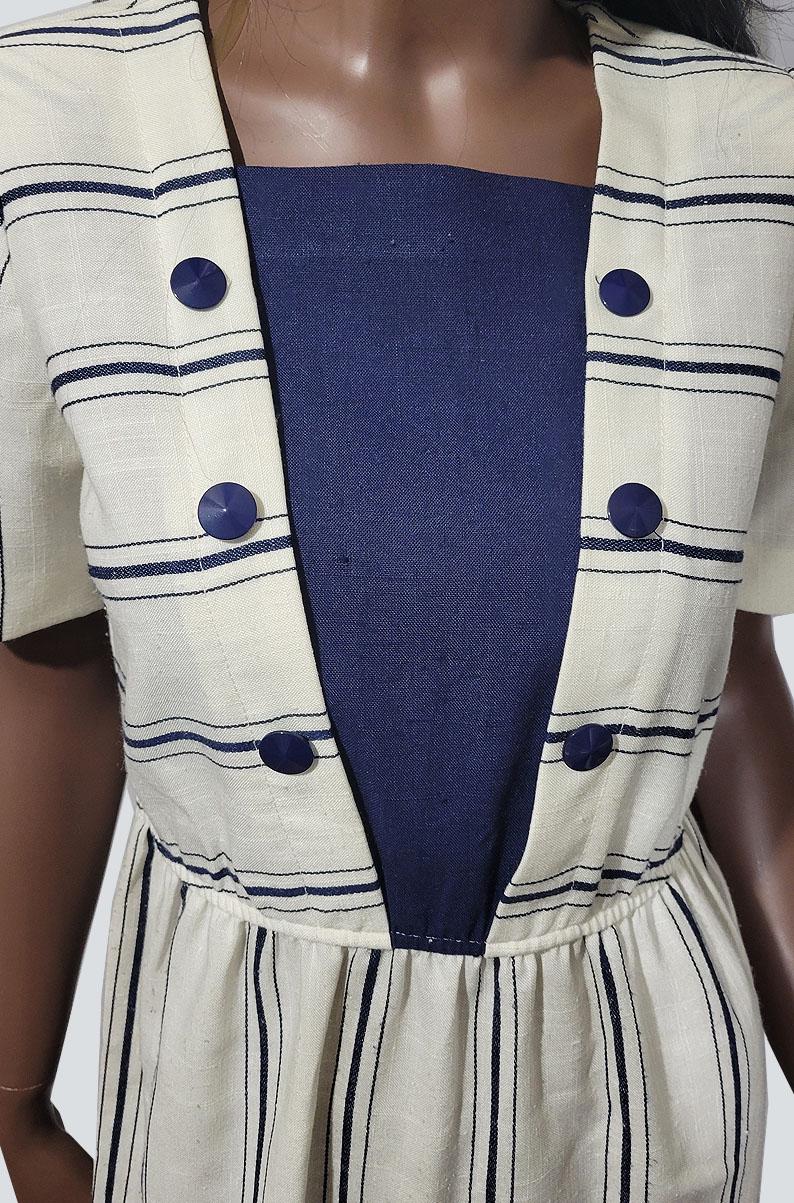 Vintage 90s Navy Striped Dress | Beige Nautical | SMALL