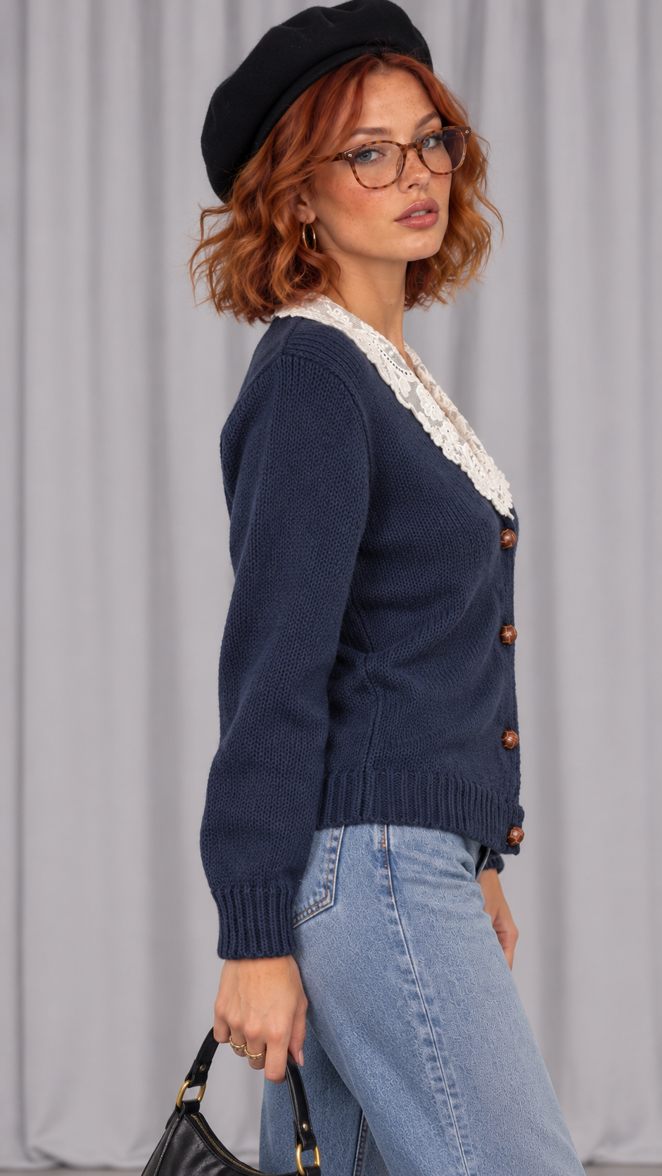 90s Navy Lace Collar Cardigan – SMALL